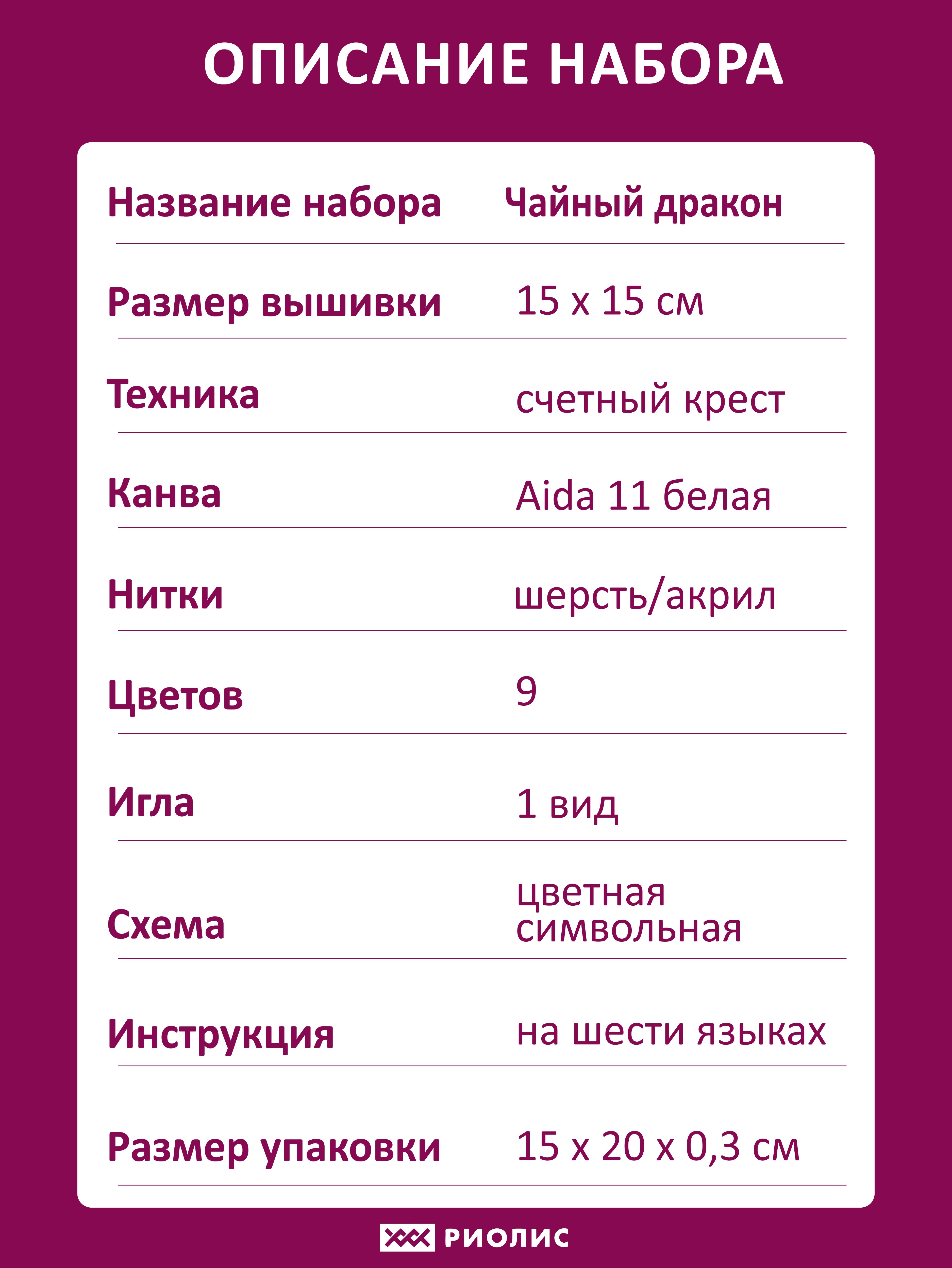 Набор для вышивания Чайный дракон – купить в интернет-магазине РИОЛИС (2141)