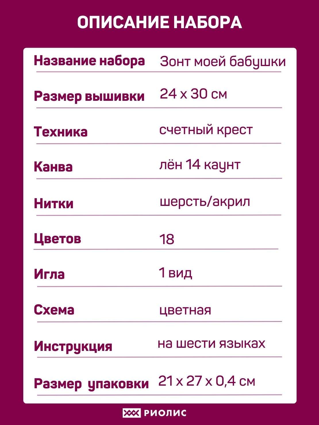 Набор для вышивания Зонт моей бабушки – купить в интернет-магазине РИОЛИС  (2087)