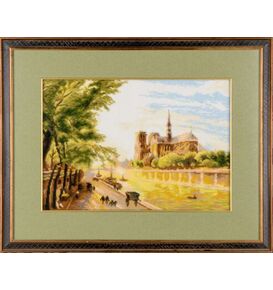  Вышитая картина "Собор Парижской Богоматери на острове Сите, вид с набережной Монтебелло" по мотивам картины М. Жирарда – фото 1