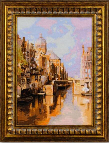  Вышитая картина «Амстердам. Канал Аудезейтс Форбургвал»<br> по мотивам картины И. Клинкенберга – фото 1