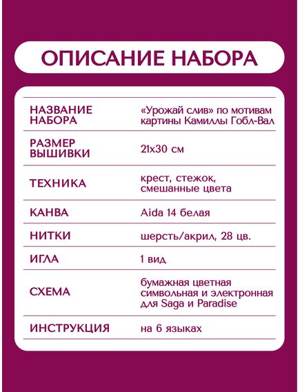 Наборы для вышивания 2324 Набор для вышивания "Урожай слив" по мотивам картины Камиллы Гобл-Вал – фото 16